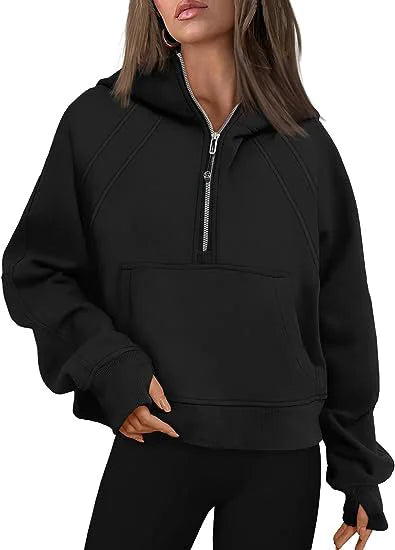 Women's Fashion Simple Half Zipper Hooded Sweatshirt Loose Sweater