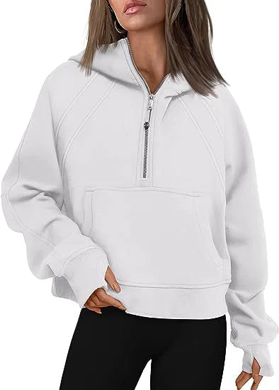 Women's Fashion Simple Half Zipper Hooded Sweatshirt Loose Sweater