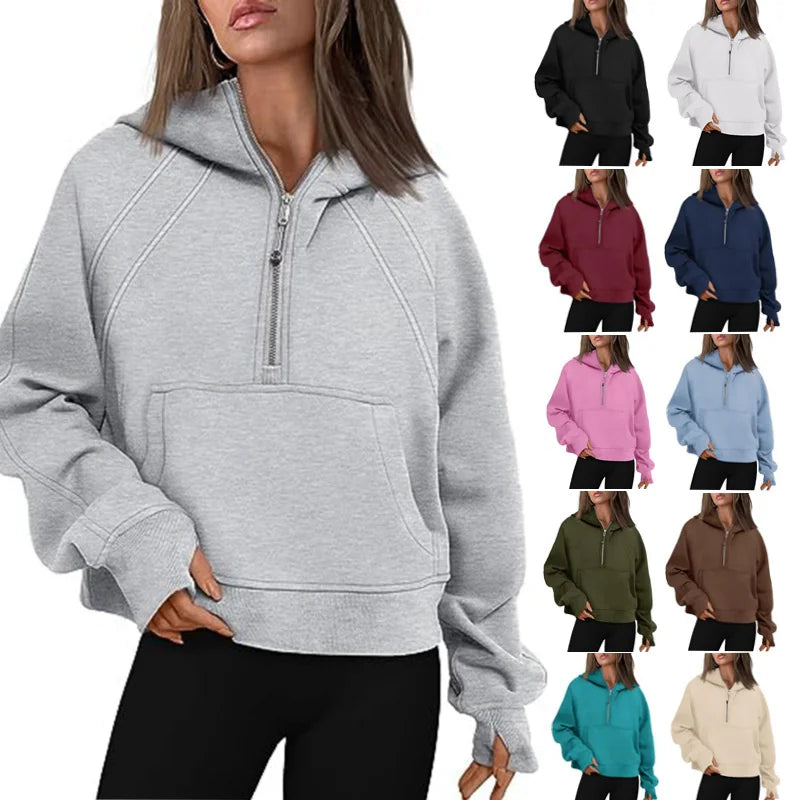 Women's Fashion Simple Half Zipper Hooded Sweatshirt Loose Sweater