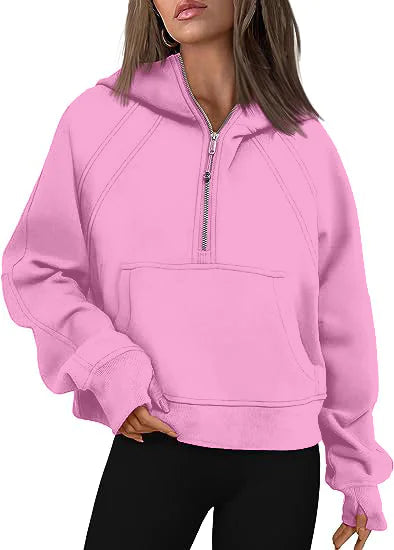 Women's Fashion Simple Half Zipper Hooded Sweatshirt Loose Sweater