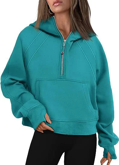 Women's Fashion Simple Half Zipper Hooded Sweatshirt Loose Sweater