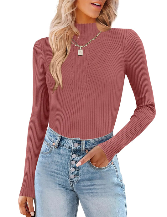 HOTOUCH Turtle Necks Tops for Women Trending Winter Holiday Clothes 2025 Rust Colored Long Sleeve Ribbed Top Women Mock Turtleneck Sweater Knit Pullover Fitted Shirt Basic Layering