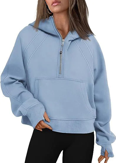 Women's Fashion Simple Half Zipper Hooded Sweatshirt Loose Sweater