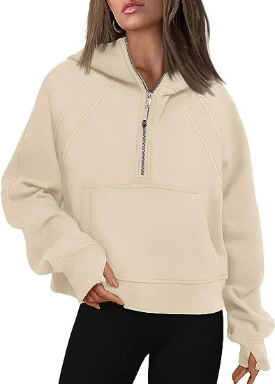 Women's Fashion Simple Half Zipper Hooded Sweatshirt Loose Sweater