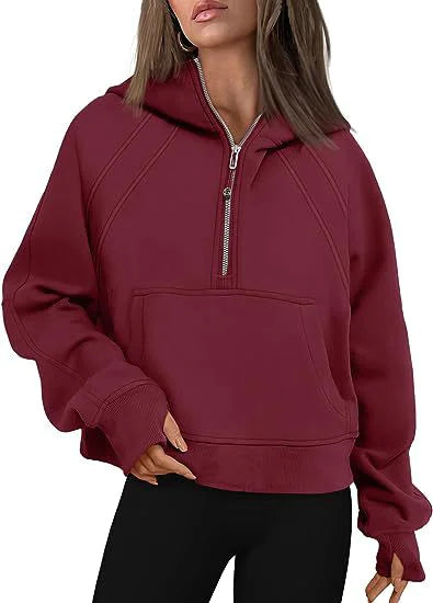 Women's Fashion Simple Half Zipper Hooded Sweatshirt Loose Sweater