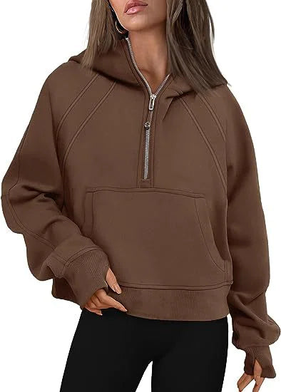 Women's Fashion Simple Half Zipper Hooded Sweatshirt Loose Sweater