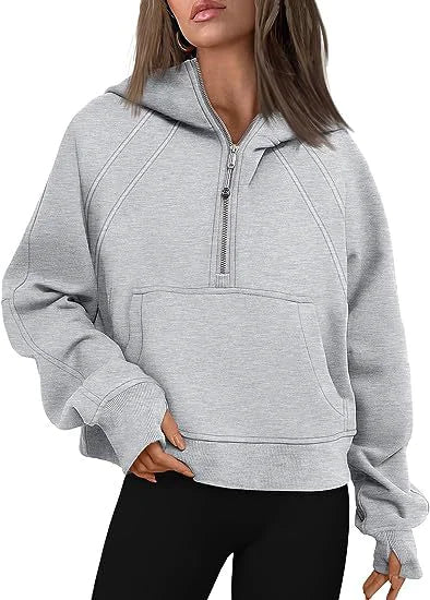 Women's Fashion Simple Half Zipper Hooded Sweatshirt Loose Sweater